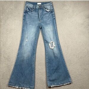 Petra 153 High Rise Flare Jeans Blue Med Wash Distressed Boho Retro Size 9 28x33